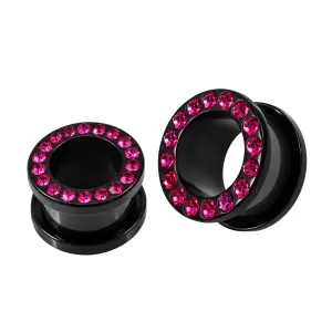 Multi Fuchsia Crystal Stone on Black UV Acrylic Screw Fit Flesh Tunnel Ear Piercing