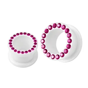 Multi Fuchsia Crystal Stone on White UV Acrylic Screw Fit Flesh Tunnel Ear Piercing