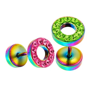 Multi Jeweled 10 mm Rainbow Flat Disc with Hole Invisible Ear Plug