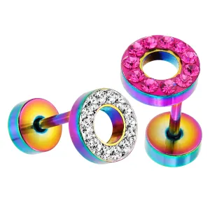 Multi Jeweled 8 mm Rainbow Flat Disc with Hole Invisible Ear Plug