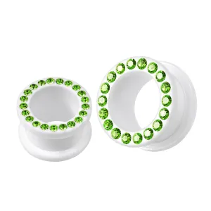 Multi Light Green Crystal Stone on White UV Acrylic Screw Fit Flesh Tunnel Ear Piercing
