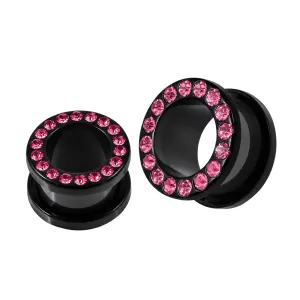 Multi Pink Crystal Stone on Black UV Acrylic Screw Fit Flesh Tunnel Ear Piercing