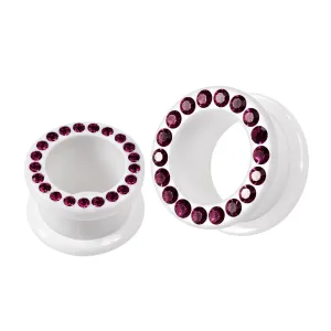 Multi Purple Crystal Stone on White UV Acrylic Screw Fit Flesh Tunnel Ear Piercing