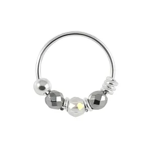 925 Sterling Silver Clear and Grey/Fossil Bead Nose Hoop Ring