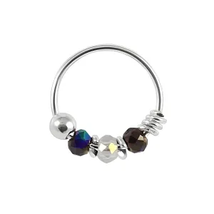925 Sterling Silver Clear and Peacock Color Bead Nose Hoop Ring