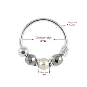 925 Sterling Silver Clear and Grey/Fossil  Bead Nose Hoop Ring