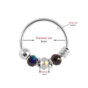 925 Sterling Silver Clear and Peacock Color Bead Nose Hoop Ring