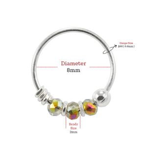 925 Sterling Silver Grey Crystal Bead Nose Hoop Ring