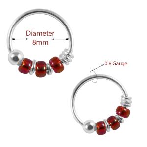 925 Sterling Silver Transparent Light Red Bead Nose Hoop Ring