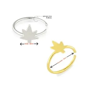 925 Sterling Silver Seamless Continuous Nose Hoop Ring with Marijuana Leaf