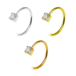925 Sterling Silver Round Jeweled  Claw Set Open Hoop Nose Ring