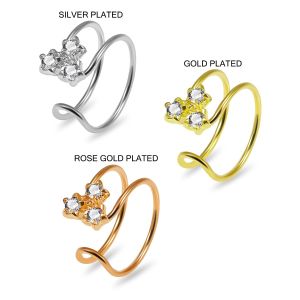 Triple CZ Jeweled 925 Sterling Silver Non piercing Nose Cuff Clip 22G Nose Hoop Ring