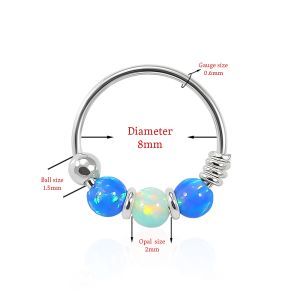 925 Sterling Silver Dark Blue with Light Green Opal Bead in Center Nose Hoop Ring