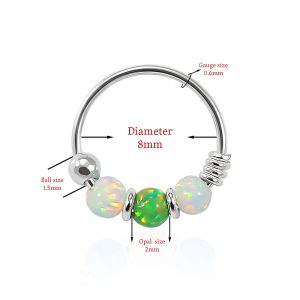 925 Sterling Silver AB with Green Opal Bead in Center Nose Hoop Ring