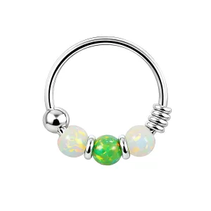 925 Sterling Silver AB with Green Opal Bead in Center Nose Hoop Ring