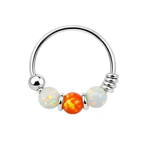 925 Sterling Silver AB with Orange Opal Bead in Center Nose Hoop Ring