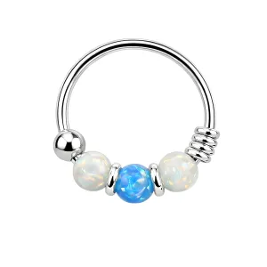 925 Sterling Silver AB  with Dark Blue Opal Bead in Center Nose Hoop Ring