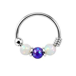 925 Sterling Silver AB with Purple Opal Bead in Center Nose Hoop Ring