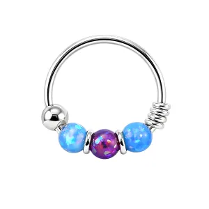 925 Sterling Silver Dark Blue with Purple Opal Bead in Center Nose Hoop Ring