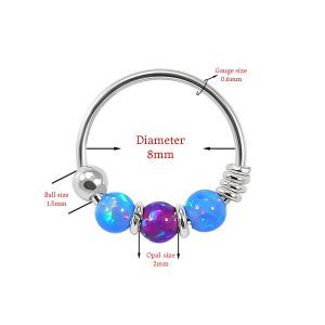 925 Sterling Silver Dark Blue with Purple Opal Bead in Center Nose Hoop Ring