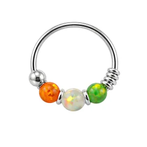 925 Sterling Silver Orange Green with AB Opal Bead in Center Nose Hoop Ring