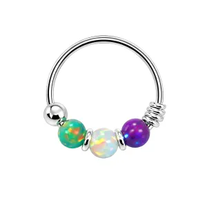 925 Sterling Silver Green Purple with AB Opal Bead in Center Nose Hoop Ring