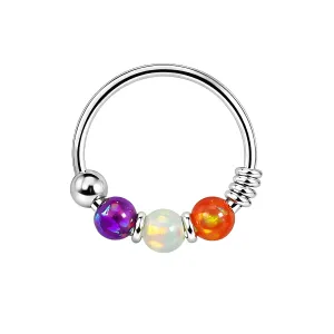 925 Sterling Silver Purple Orange with AB Opal Bead in Center Nose Hoop Ring