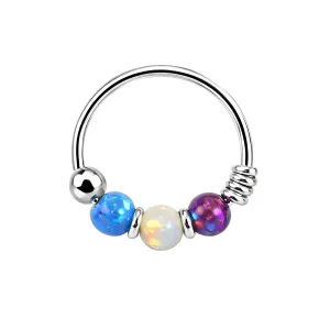 925 Sterling Silver Dark Blue Purple with AB Opal Bead in Center Nose Hoop Ring