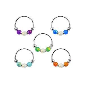925 Sterling Silver AB Opal Bead in Center Nose Hoop Ring