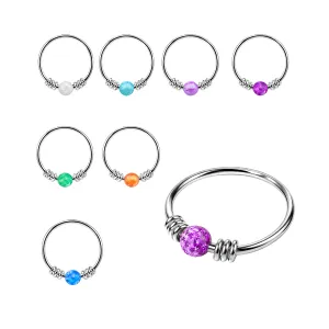 925 Sterling Silver Spring Coil design Opal Bead in Center Nose Hoop Ring
