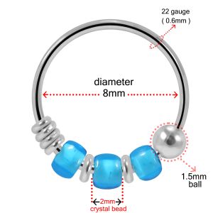 925 Sterling Silver Aqua Blue Triple Beaded Nose Hoop Ring 