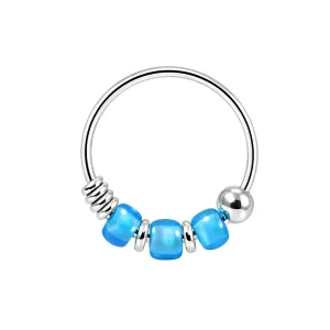 925 Sterling Silver Aqua Blue Triple Beaded Nose Hoop Ring