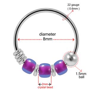925 Sterling Silver Double Toned Purple and Blue Triple Beaded Nose Hoop Ring