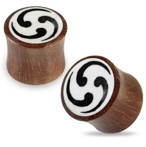 Double Flared Tri Swirl Design Inlay Organic Wood Saddle Ear Plug