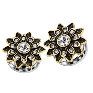 Oxidized Flower Micro Jeweled CZ Stone Ear Flesh Tunnel