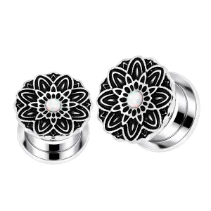 Oxidized Flower with Opal Stone Ear Flesh Tunnel