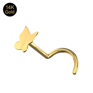 Close-up of the polished butterfly design on a solid 14K yellow gold nose screw. 