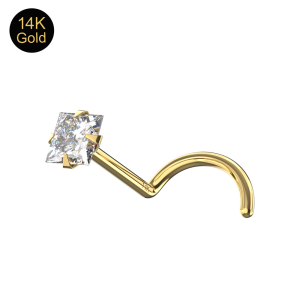 Close-up view of a princess-cut square CZ stone set in a 14K gold nose screw setting.
