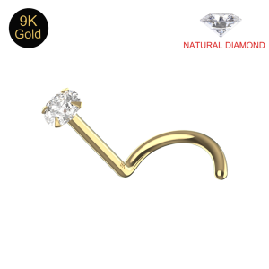 Angled view of 9K gold natural diamond screw-back nose stud