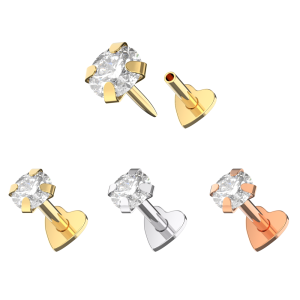 925 Silver CZ Jeweled Push Fit top with Heart Base Labret