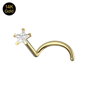 Close-up of the 3mm star-cut Cubic Zirconia and prong setting on a 14K solid gold nose screw.