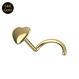 Close-up of the smooth heart design on a solid 14K yellow gold nose screw.