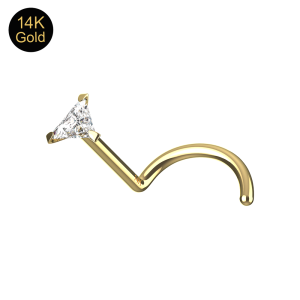 Close-up of a 3mm triangle-cut CZ stone set in a 14K gold prong mount for a nose screw.