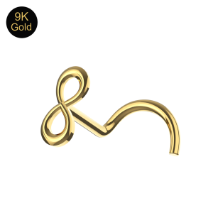 Detailed close-up of the polished infinity loop design on a solid 9K gold nose screw.
