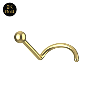 Detailed view of 1.5mm and 2mm solid gold ball tops on 20G nose screw jewelry.