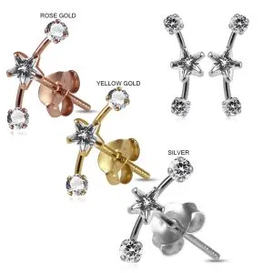 925 Sterling Silver Star and Round Jeweled Dipper Fashion Ear Stud