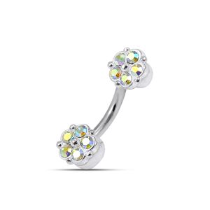 925 Sterling Silver  Jeweled Twin Flower Eyebrow Bar