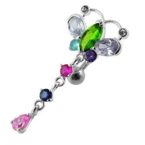 Moving Jeweled Butterfly Curved Bar Navel Ring