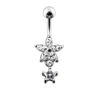 Moving Jeweled Flower and Star Charms Navel Ring