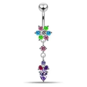 Moving Jeweled Flower Design Navel Ring
